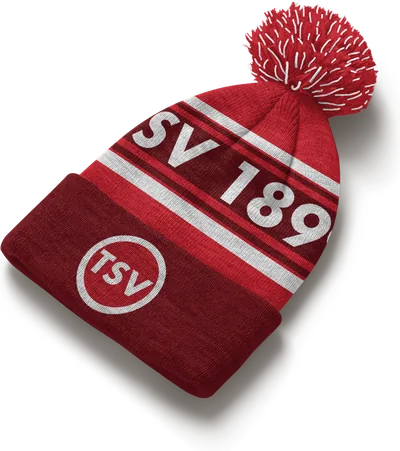 Beispiel-Beanie für Verein: Vereinsfarbe mit Band und Wappen